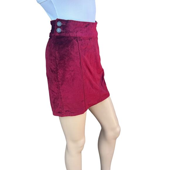 Free People W25 Red Velvet Mini Skirt Back Zip Side Button A-Line NWOT - Picture 3 of 6